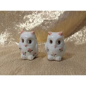 Vintage Ceramic Rosebud Mini Owl Salt Pepper Shakers Pink White Flower Dainty